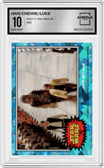 Han, Chewie and Luke from the 2022 Topps Chrome Star Wars Sapphire set graded by Arena Club and given an overall grade of 10.