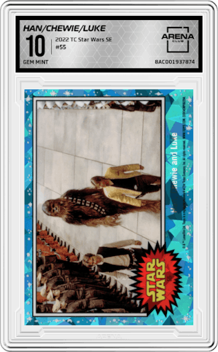 Han, Chewie and Luke from the 2022 Topps Chrome Star Wars Sapphire set graded by Arena Club and given an overall grade of 10.