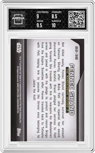 Fennec Shand from the 2021 Topps Star Wars Bounty Hunters  set featuring a Blue parallel graded by Arena Club and given an overall grade of 9.