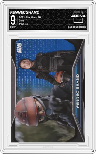 Fennec Shand from the 2021 Topps Star Wars Bounty Hunters  set featuring a Blue parallel graded by Arena Club and given an overall grade of 9.