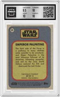 Emperor Palpatine from the 2023 Topps Star Wars TBT set graded by Arena Club and given an overall grade of 10.