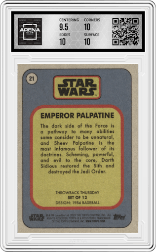 Emperor Palpatine from the 2023 Topps Star Wars TBT set graded by Arena Club and given an overall grade of 10.