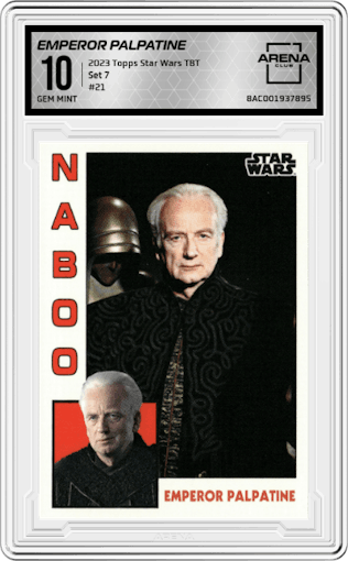 Emperor Palpatine from the 2023 Topps Star Wars TBT set graded by Arena Club and given an overall grade of 10.