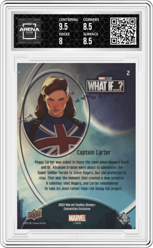 Captain Carter from the 2022 Upper Deck Marvel Studios San Diego Comic-Con set graded by Arena Club and given an overall grade of 8.5.