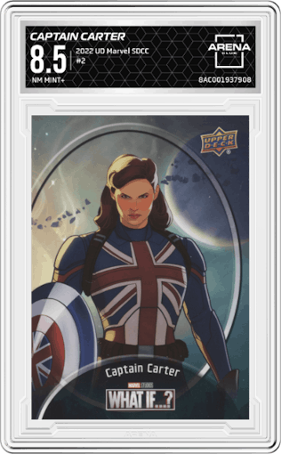 Captain Carter from the 2022 Upper Deck Marvel Studios San Diego Comic-Con set graded by Arena Club and given an overall grade of 8.5.
