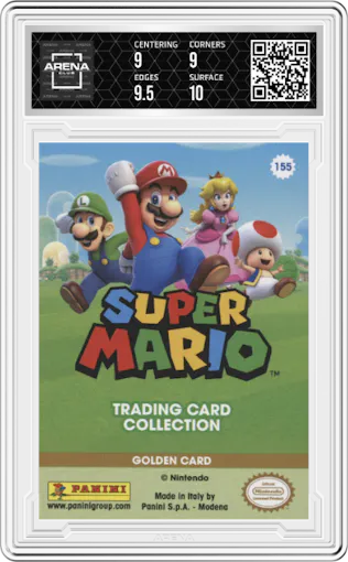 Wario from the 2022 Panini Super Mario set featuring a Gold parallel graded by Arena Club and given an overall grade of 9.5.
