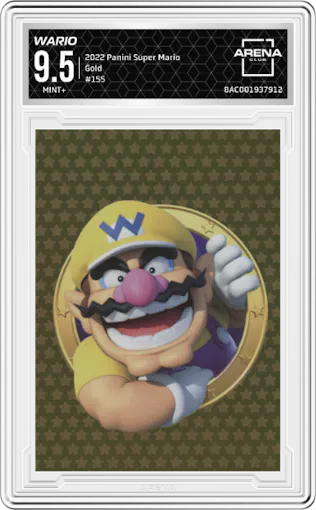 Wario from the 2022 Panini Super Mario set featuring a Gold parallel graded by Arena Club and given an overall grade of 9.5.