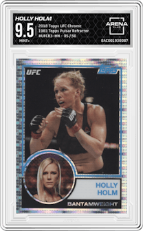 Holly Holm from the 2018 Topps UFC Chrome  set featuring a Pulsar Refractor parallel graded by Arena Club and given an overall grade of 9.5.