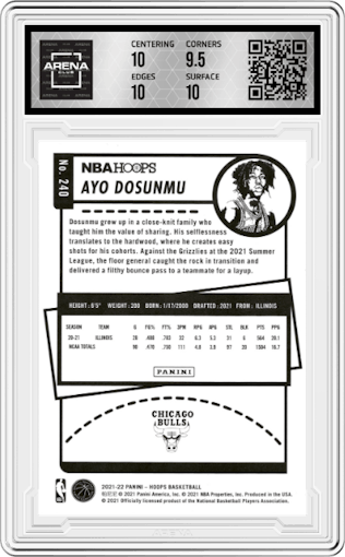 Ayo Dosunmu from the 2021-22 Panini NBA Hoops set featuring a Hyper Blue parallel graded by Arena Club and given an overall grade of 10.