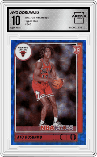 Ayo Dosunmu from the 2021-22 Panini NBA Hoops set featuring a Hyper Blue parallel graded by Arena Club and given an overall grade of 10.