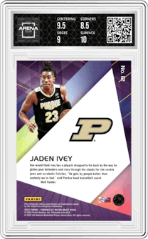 Jaden Ivey from the 2022-23 Panini Chronicles Draft Picks set featuring a Pink parallel graded by Arena Club and given an overall grade of 9.