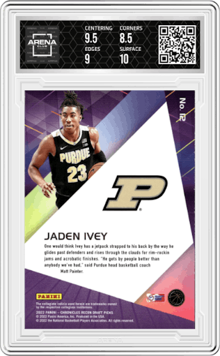 Jaden Ivey from the 2022-23 Panini Chronicles Draft Picks set featuring a Pink parallel graded by Arena Club and given an overall grade of 9.