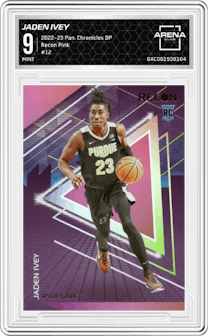 Jaden Ivey from the 2022-23 Panini Chronicles Draft Picks set featuring a Pink parallel graded by Arena Club and given an overall grade of 9.
