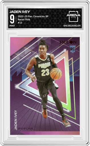 Jaden Ivey from the 2022-23 Panini Chronicles Draft Picks set featuring a Pink parallel graded by Arena Club and given an overall grade of 9.