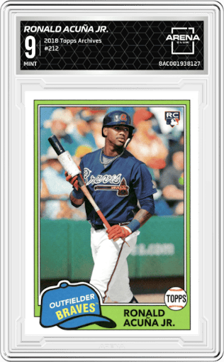 Ronald Acuña Jr. from the 2018 Topps Archives set graded by Arena Club and given an overall grade of 9.