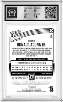 Ronald Acuna Jr. from the 2018 Panini Donruss Optic set graded by Arena Club and given an overall grade of 10.