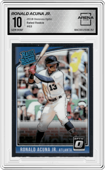 Ronald Acuna Jr. from the 2018 Panini Donruss Optic set graded by Arena Club and given an overall grade of 10.