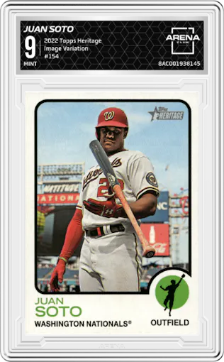 Juan Soto from the 2022 Topps Heritage set graded by Arena Club and given an overall grade of 9.