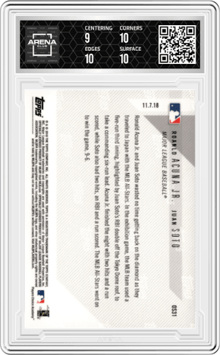 Ronald Acuna Jr./Juan Soto from the 2018 Topps Now set graded by Arena Club and given an overall grade of 9.5.