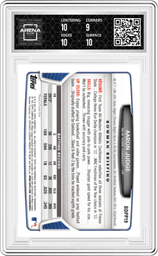 Aaron Judge from the 2013 Bowman Drafts Picks & Prospects set graded by Arena Club and given an overall grade of 9.5.