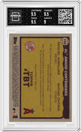 Miguel Andujar/Shohei Ohtani from the 2018 Topps Throwback Thursday set graded by Arena Club and given an overall grade of 9.5.