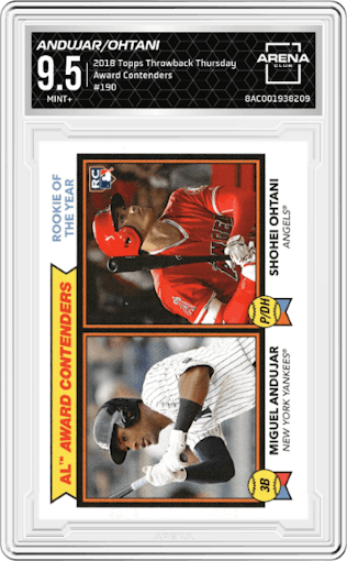 Miguel Andujar/Shohei Ohtani from the 2018 Topps Throwback Thursday set graded by Arena Club and given an overall grade of 9.5.