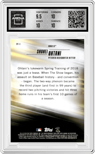 Shohei Ohtani from the 2018 Topps Chrome set graded by Arena Club and given an overall grade of 10.