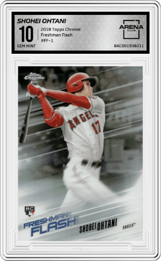 Shohei Ohtani from the 2018 Topps Chrome set graded by Arena Club and given an overall grade of 10.