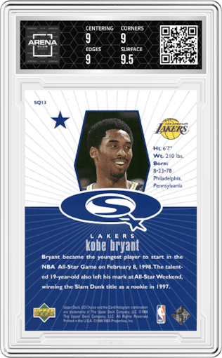 Kobe Bryant from the 1998-99 Upper Deck UD Choice set featuring a Blue parallel graded by Arena Club and given an overall grade of 9.