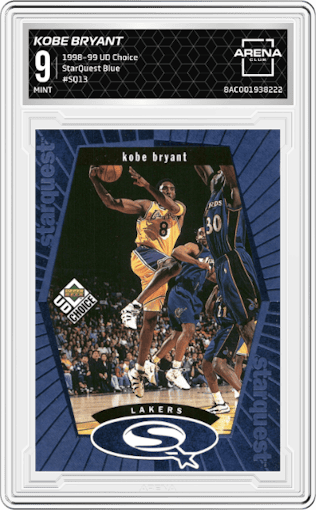 Kobe Bryant from the 1998-99 Upper Deck UD Choice set featuring a Blue parallel graded by Arena Club and given an overall grade of 9.