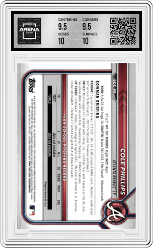 Cole Phillips from the 2022 Bowman Draft set graded by Arena Club and given an overall grade of 10.