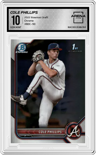Cole Phillips from the 2022 Bowman Draft set graded by Arena Club and given an overall grade of 10.