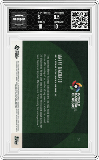 Manny Machado from the 2023 Topps World Baseball Classic Global Stars set graded by Arena Club and given an overall grade of 9.5.