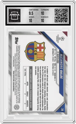 Alejandro Balde from the 2021-22 Topps Chrome UEFA Champions League set graded by Arena Club and given an overall grade of 10.