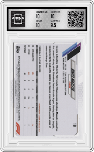 Nikita Mazepin from the 2021 Topps Chrome F1  set graded by Arena Club and given an overall grade of 10.