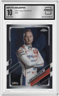 Nikita Mazepin from the 2021 Topps Chrome F1  set graded by Arena Club and given an overall grade of 10.