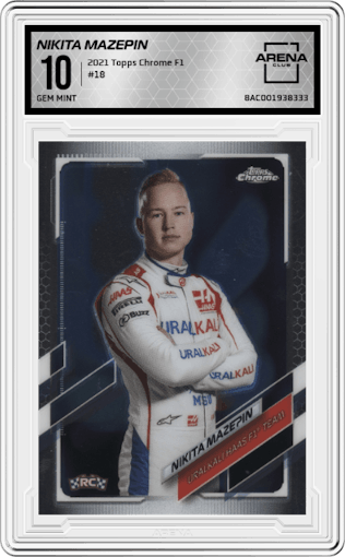 Nikita Mazepin from the 2021 Topps Chrome F1  set graded by Arena Club and given an overall grade of 10.