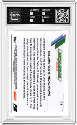Christian Lundgaard - F2 from the 2021 Topps Chrome F1  set graded by Arena Club and given an overall grade of 9.5.