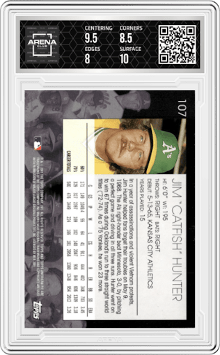 Jim "Catfish" Hunter from the 2001 Topps American Pie set graded by Arena Club and given an overall grade of 8.5.