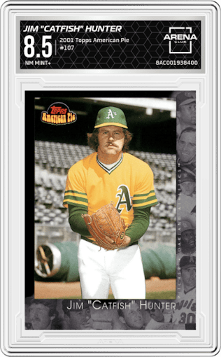 Jim "Catfish" Hunter from the 2001 Topps American Pie set graded by Arena Club and given an overall grade of 8.5.