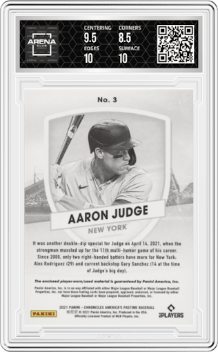 Aaron Judge from the 2021 Panini Chronicles set graded by Arena Club and given an overall grade of 9.