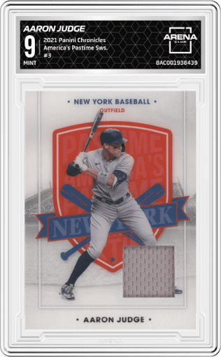 Aaron Judge from the 2021 Panini Chronicles set graded by Arena Club and given an overall grade of 9.