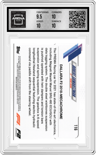 Robert Shwartzman  from the 2021 Topps Chrome F1  set featuring a Gold/Purple Refractor parallel graded by Arena Club and given an overall grade of 10.