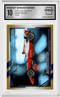Robert Shwartzman  from the 2021 Topps Chrome F1  set featuring a Gold/Purple Refractor parallel graded by Arena Club and given an overall grade of 10.