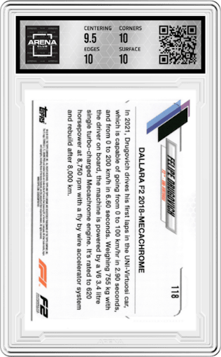 Felipe Drugovich from the 2021 Topps Chrome F1  set featuring a Orange/Red Refractor parallel graded by Arena Club and given an overall grade of 10.