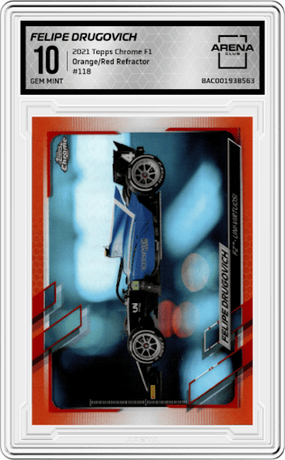 Felipe Drugovich from the 2021 Topps Chrome F1  set featuring a Orange/Red Refractor parallel graded by Arena Club and given an overall grade of 10.