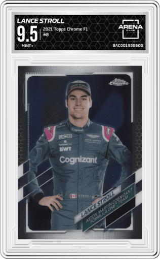 Lance Stroll from the 2021 Topps Chrome F1  set graded by Arena Club and given an overall grade of 9.5.