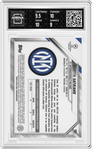 Martin Satriano from the 2021-22 Topps Chrome UEFA Champions League set graded by Arena Club and given an overall grade of 9.5.