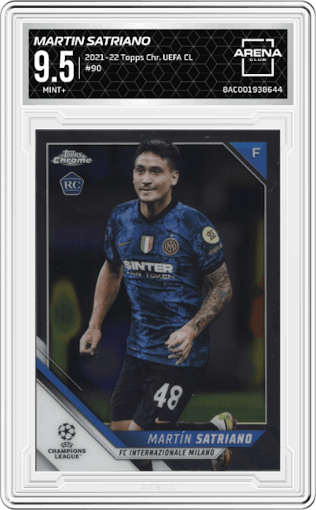 Martin Satriano from the 2021-22 Topps Chrome UEFA Champions League set graded by Arena Club and given an overall grade of 9.5.