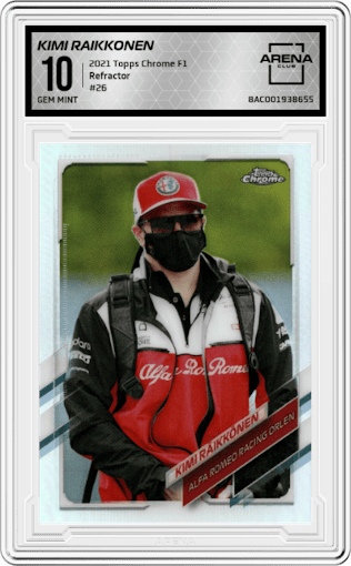 Kimi Raikkonen from the 2021 Topps Chrome F1  set featuring a Refractor parallel graded by Arena Club and given an overall grade of 10.